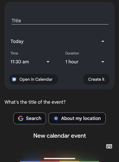 Say "New calendar event" then say the title